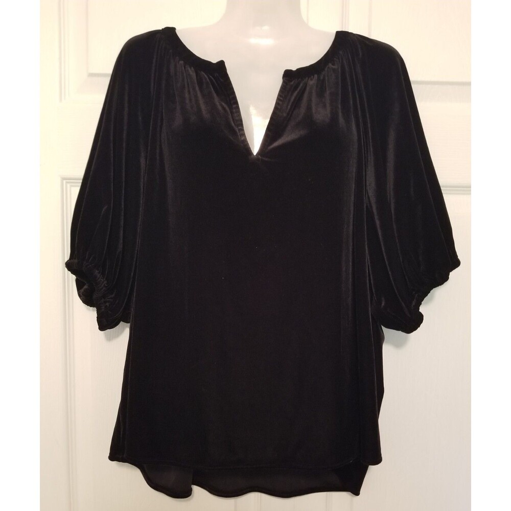 Black Velvet Blouse Top Gap Woman V-Neck Short Balloon Sleeve Size XXL
